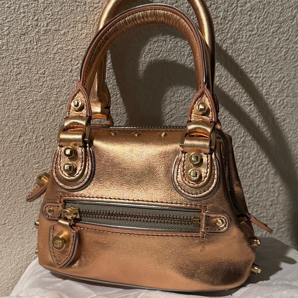 Ellen Tracy Metallic Rose Pink Copper Framed Leather Mini / Micro Satchel